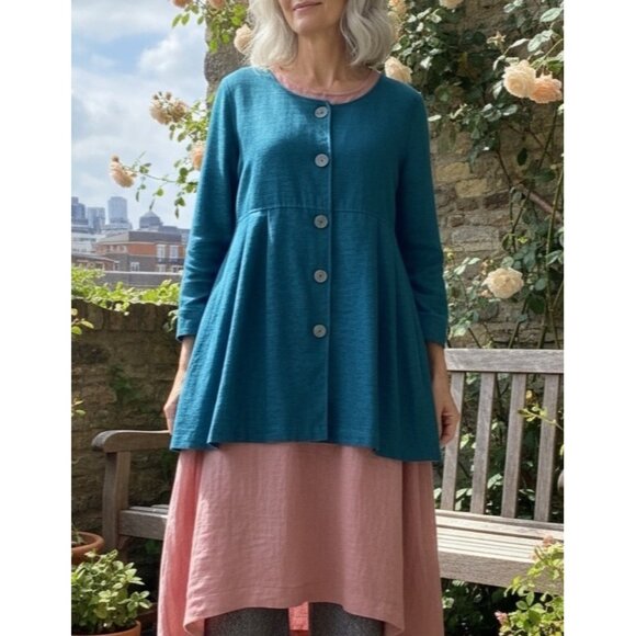 Soft Surroundings Chenille Velvet Button Down Tunic Top Large Peplum Teal Artsy - Picture 4 of 11